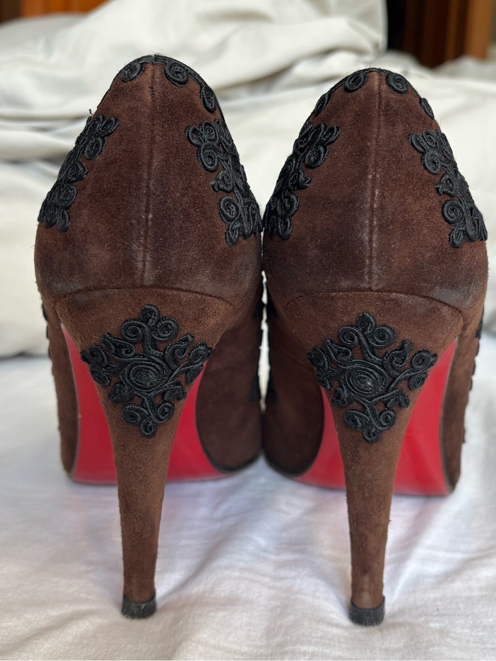 Christian louboutin Brown Suede High Heel Pumps with Black Embroidered Appliqué